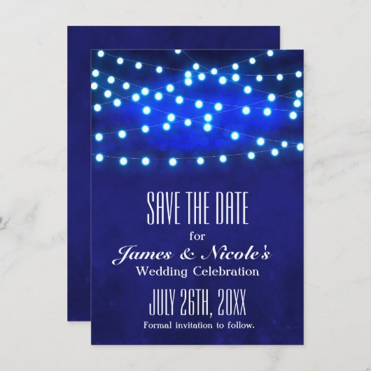 青い素朴夜の文字列のライト日付カードを保存 セーブザデート (正面/裏面)