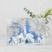 青い素朴教会の木の水の色クリスマスフラット シーズンカード (スタンド正面)