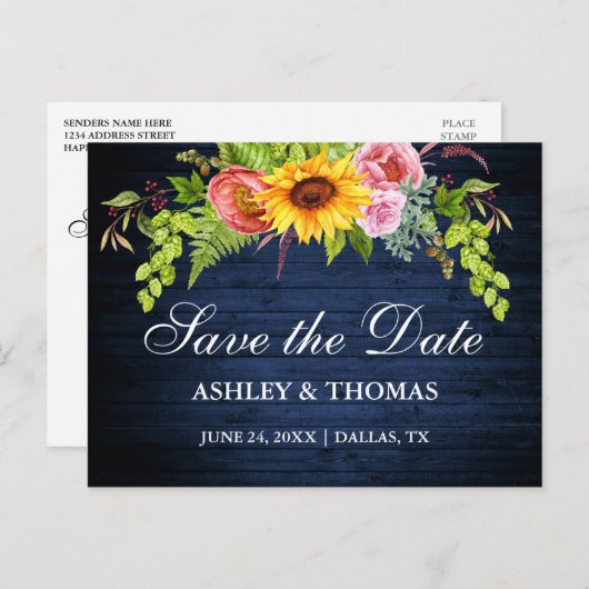 青い素朴木のひまわりフローラ保存日付 インビテーションポストカード (正面/裏面)