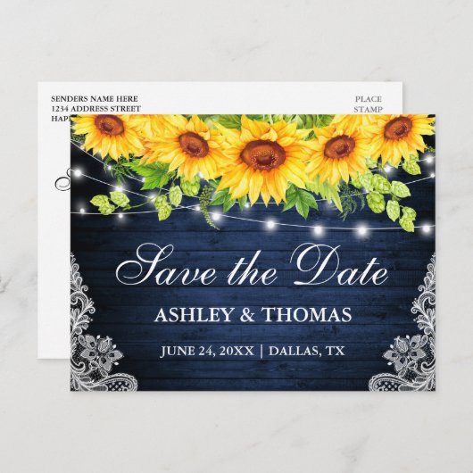 青い素朴木のライトサンフラワー日付を保存 案内ポストカード (正面/裏面)