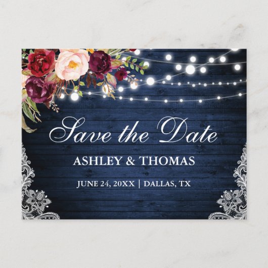 青い素朴木のライトレースフローラ日付を保存 案内ポストカード (正面)