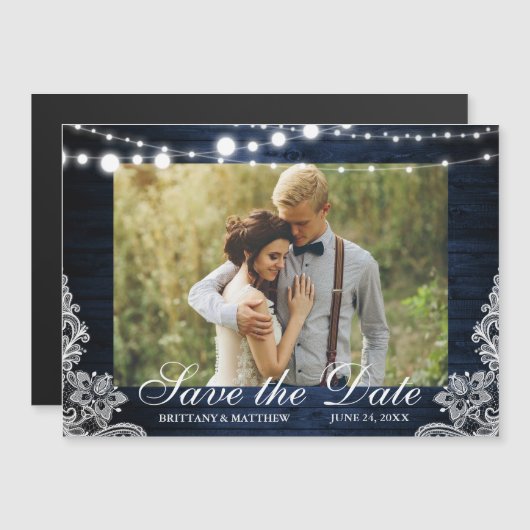 青い素朴木のライトレース写真の日付を保存 マグネット招待状 (正面/裏面)