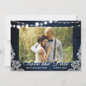 青い素朴木のライトレース写真の日付を保存 マグネット招待状 (正面)