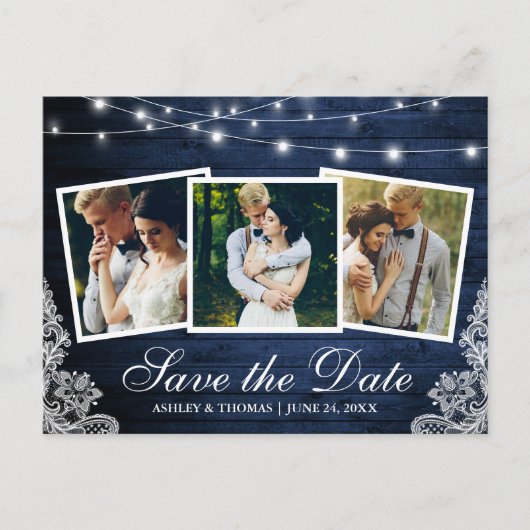 青い素朴木のライトレース3写真の日付を保存 インビテーションポストカード (正面)