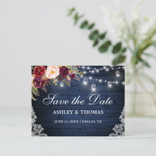 青い素朴木のライトJarsフローラ保存日付 案内ポストカード (スタンド正面)