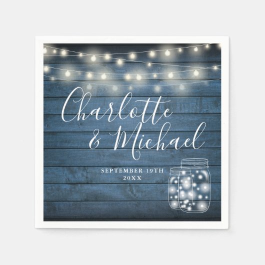 青い素朴木の弦のライトメイスンジャー結婚ズ スタンダードカクテルナプキン (正面)