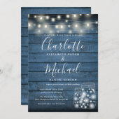 青い素朴木の弦のライトメイスンジャー結婚ズ 招待状 (正面/裏面)