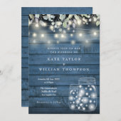 青い素朴木の弦のライトメイスンジャー結婚ズ 招待状 (正面/裏面)