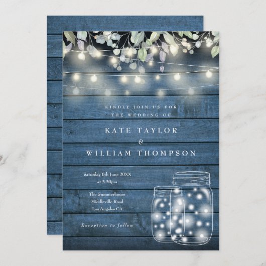 青い素朴木の弦のライトメイスンジャー結婚ズ 招待状 (正面/裏面)