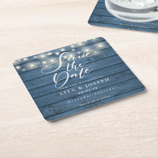 青い素朴木の文字列のライト日付を保存 スクエアペーパーコースター (アングル)