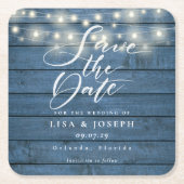 青い素朴木の文字列のライト日付を保存 スクエアペーパーコースター (正面)