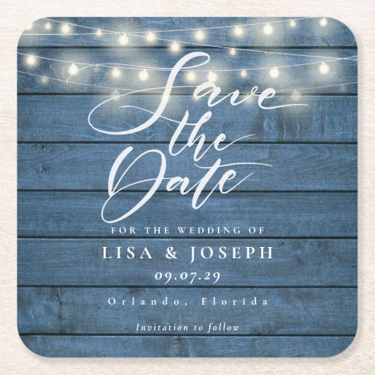 青い素朴木の文字列のライト日付を保存 スクエアペーパーコースター (正面)