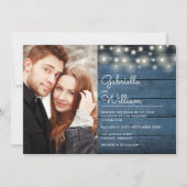 青い素朴木の文字列の光の写真結婚の 招待状 (正面)