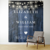 青い素朴木の文字列ライトフォトブース背景 タペストリー (インサイチュ)