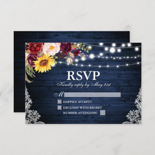 青い素朴木の糸ライトレースフローラ結婚 出欠カード (正面/裏面)