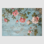 青い素朴木壁の切り離し上にピンクの花 薄葉紙 (正面)