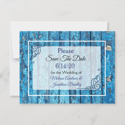 青い素朴木日付の磁石を結婚保存 マグネット招待状 (正面)