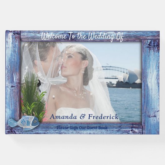 青い素朴木枠と魚 ゲストブック (正面)