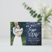 青い素朴木目の光源ブラシスクリプト日付を保存 ポストカード (スタンド正面)