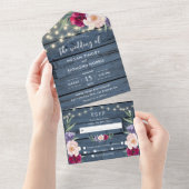 青い素朴木製のストリングライト |ブルゴーニュ結婚ーズ オールインワン招待状 (貼ってはがせる)