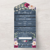 青い素朴木製のストリングライト |ブルゴーニュ結婚ーズ オールインワン招待状 (内側)