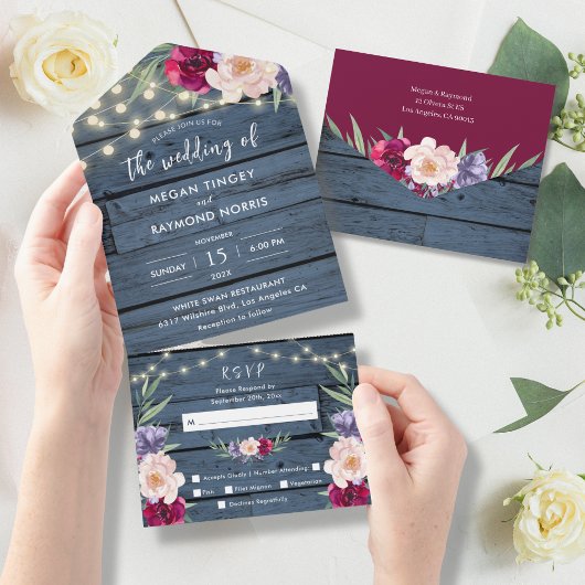 青い素朴木製のストリングライト |ブルゴーニュ結婚ーズ オールインワン招待状