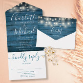青い素朴木製ストリングライトモノグラム結婚ズ オールインワン招待状