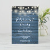 青い素朴木製ストリングライトリタイアメントパーティー 招待状 (スタンド正面)