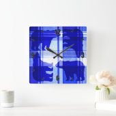 青い素朴格子縞が四角い壁の時計を支える スクエア壁時計 (ホーム)