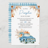 青い素朴水色かぼちゃのトラック赤ちゃんシャワー 招待状 (正面/裏面)