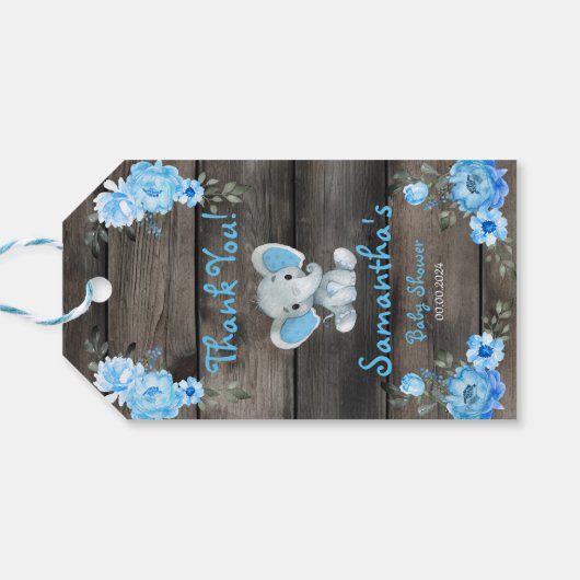 青い素朴男の子の象の景品ベビーシャワー ギフトタグ (裏面横)
