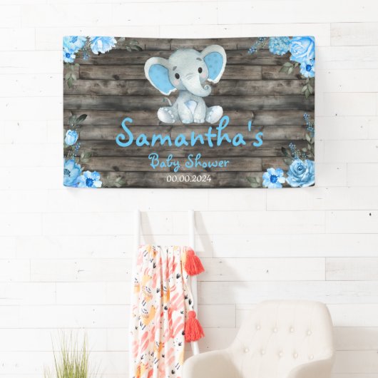 青い素朴男の子の象の背景ベビーシャワー 横断幕 (インサイチュ)
