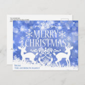 青い素朴白いクリスマストナカイ雪の冬 ポストカード (正面/裏面)