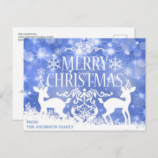 青い素朴白いクリスマストナカイ雪の冬 ポストカード (正面/裏面)