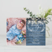 青い素朴糸ライト写真バプテスマ サンキューカード (スタンド正面)