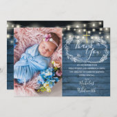 青い素朴糸ライト写真バプテスマ サンキューカード (正面/裏面)