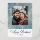青い素朴雪の写真冬のクリスマス 箔シーズンカード (正面)