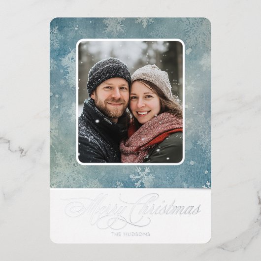 青い素朴雪の写真冬のクリスマス 箔シーズンカード (正面)