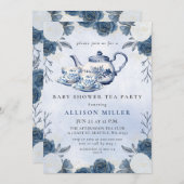 青い素朴Chinoiserie紅茶パーティー赤ちゃんシャワー 招待状 (正面/裏面)