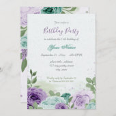 青い紫の花の緑の生葉誕生日 招待状 (正面/裏面)