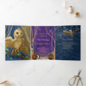 青い紫の蝶、フクロウ、魔法の森 三つ折り招待状 (内部)