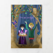 青い紫の蝶、フクロウ、魔法の森 三つ折り招待状 (カバー)