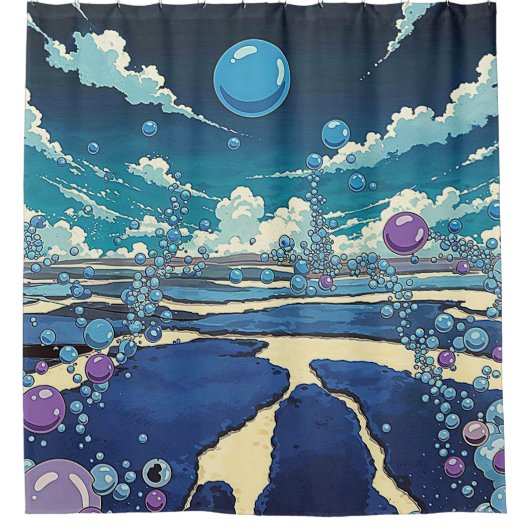 青い紫色のバブルの風景シャワーカーテン シャワーカーテン (正面)