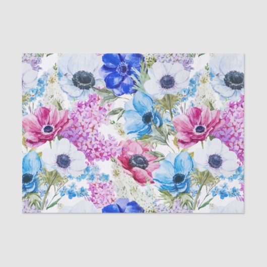 青い紫色の手塗りの水彩画の花柄パターン 薄葉紙 (正面)