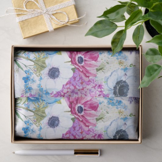 青い紫色の手塗りの水彩画の花柄パターン 薄葉紙 (ギフト)