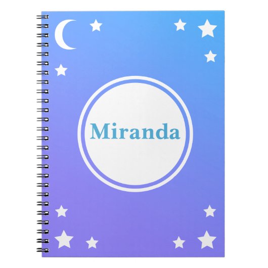 青い紫色の月及び星の螺線形ノート ノートブック (正面)