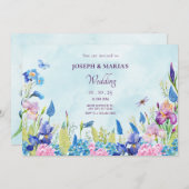 青い紫色の水色のフローラの美学結婚の 招待状 (正面/裏面)