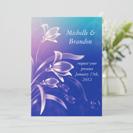青い紫色の花の結婚式招待状 招待状 (スタンド正面)