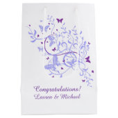 青い紫色の蝶結婚式 ミディアムペーパーバッグ (裏面)