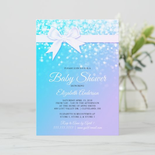 青い紫色の輝きの女の赤ちゃんのシャワーの招待状 招待状 (スタンド正面)